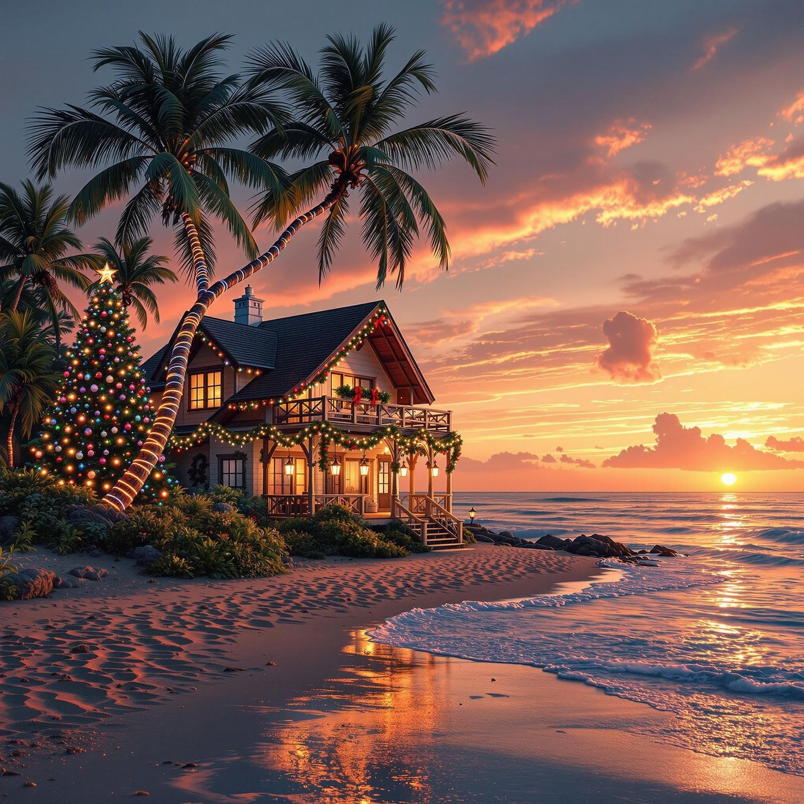 Surreal Christmas Beach Scene with Palm Tree and Garlands