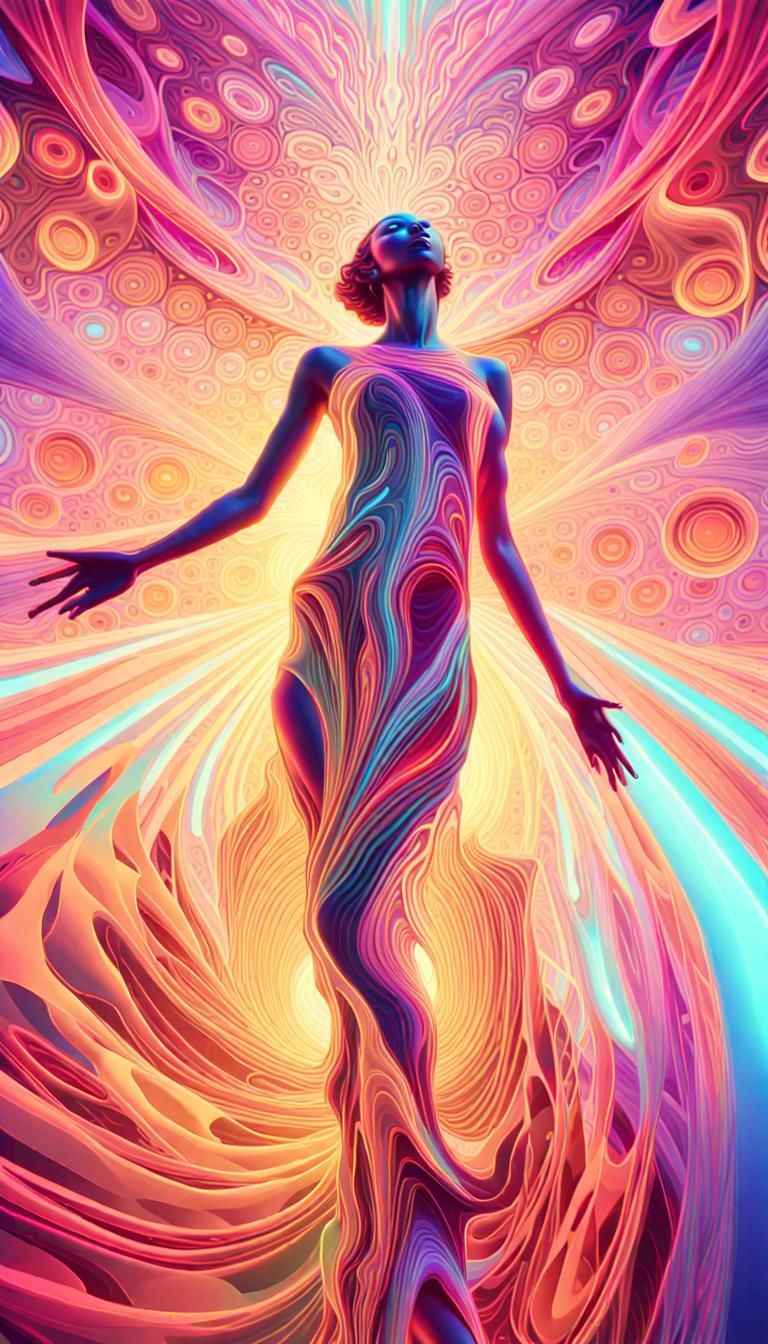 Psychedelic Art Nouveau Abstract Figure in Iridescent Landsc...