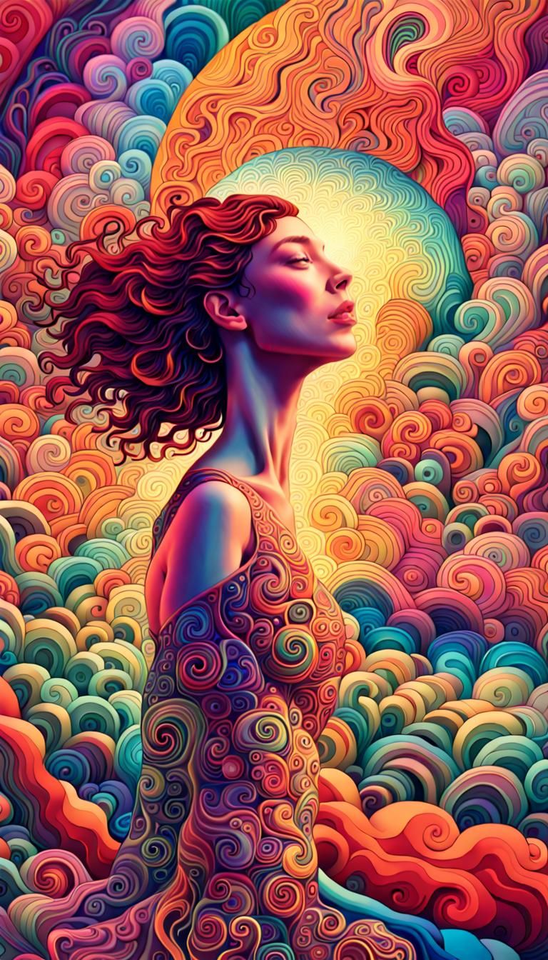Radiant Figure Amidst Swirling Rainbow Landscape