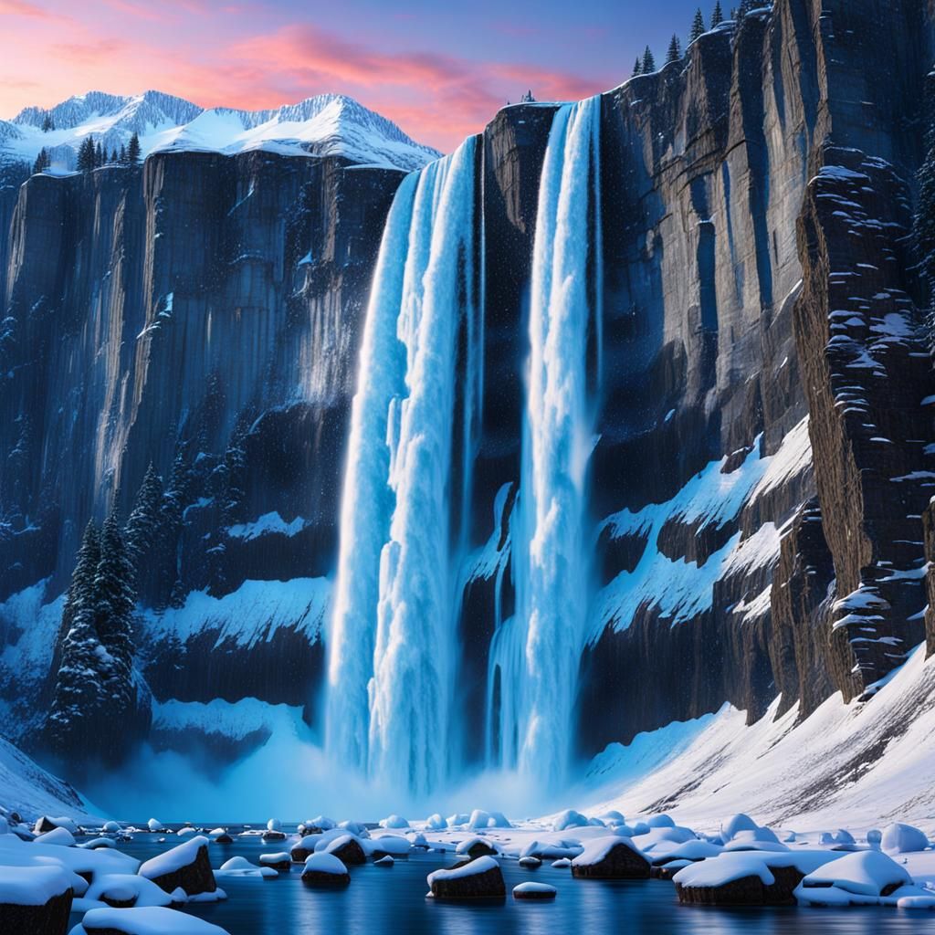 Icy Waterfall at Twilight: An Ultra-Realistic Fantasy Scene