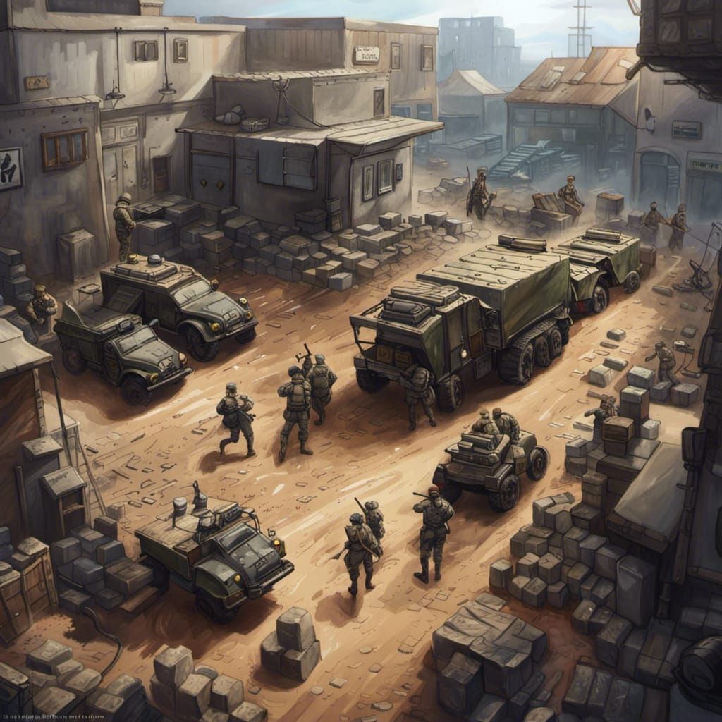 Hyperrealistic Supply Depot with Trench and Armored Car