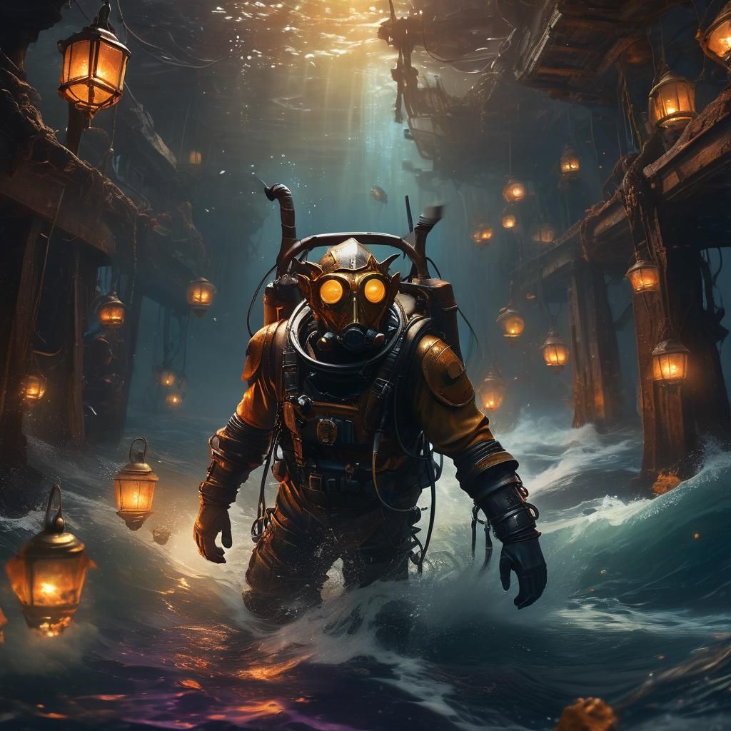 Tiefling Scuba Diver Explores Sunken Ship: Impasto Painting