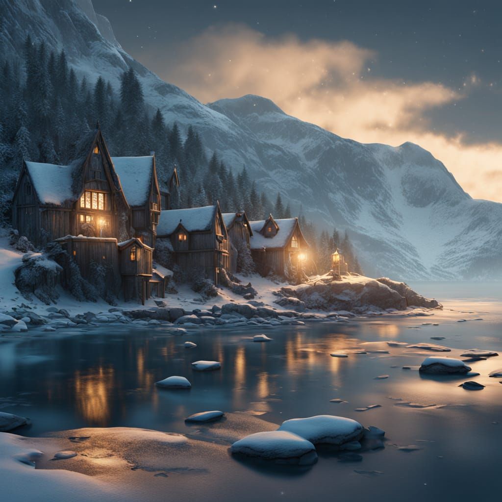 Norse Village Under Snowy Midwinter Skies