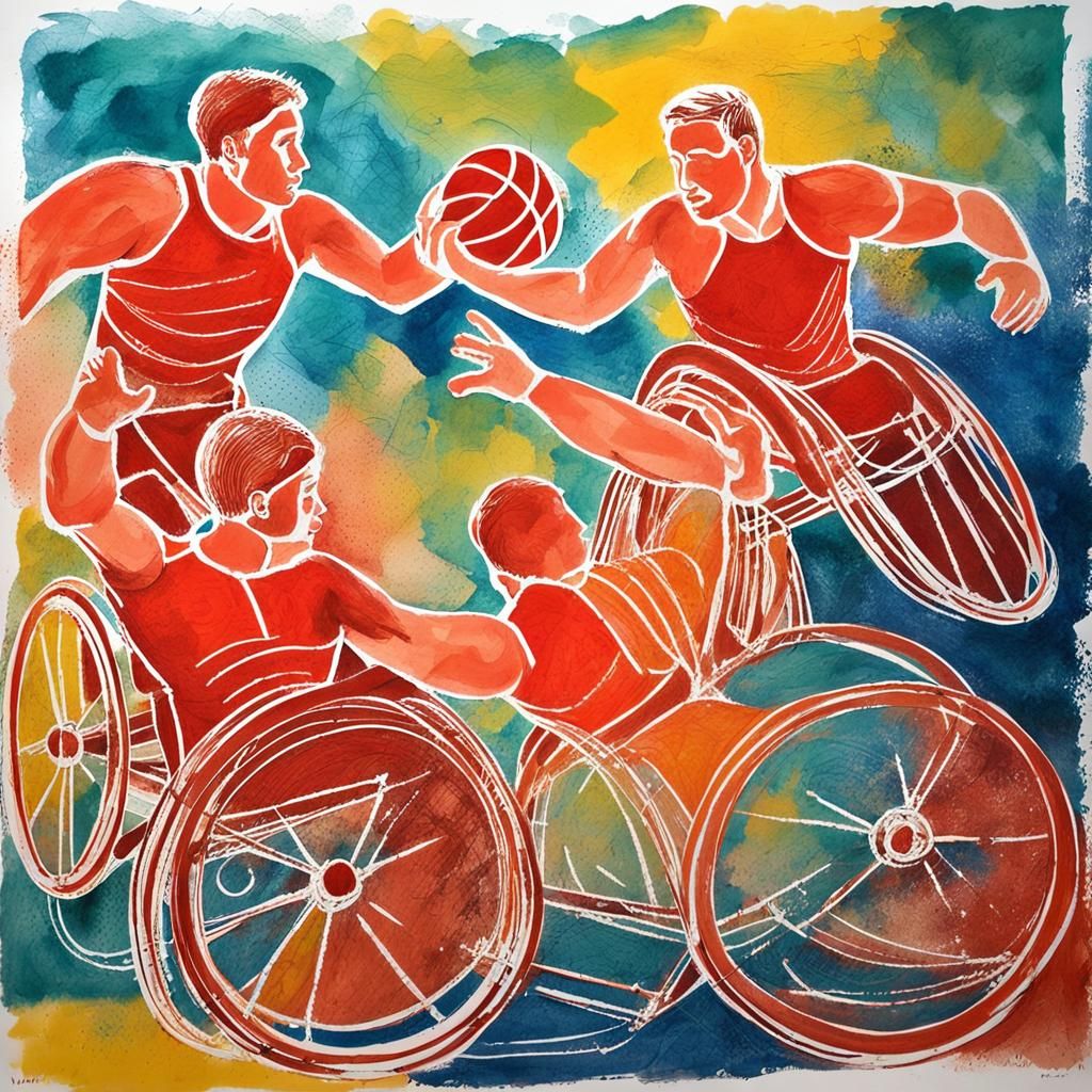 Vibrant Wheelchair Rugby Collision Monoprint