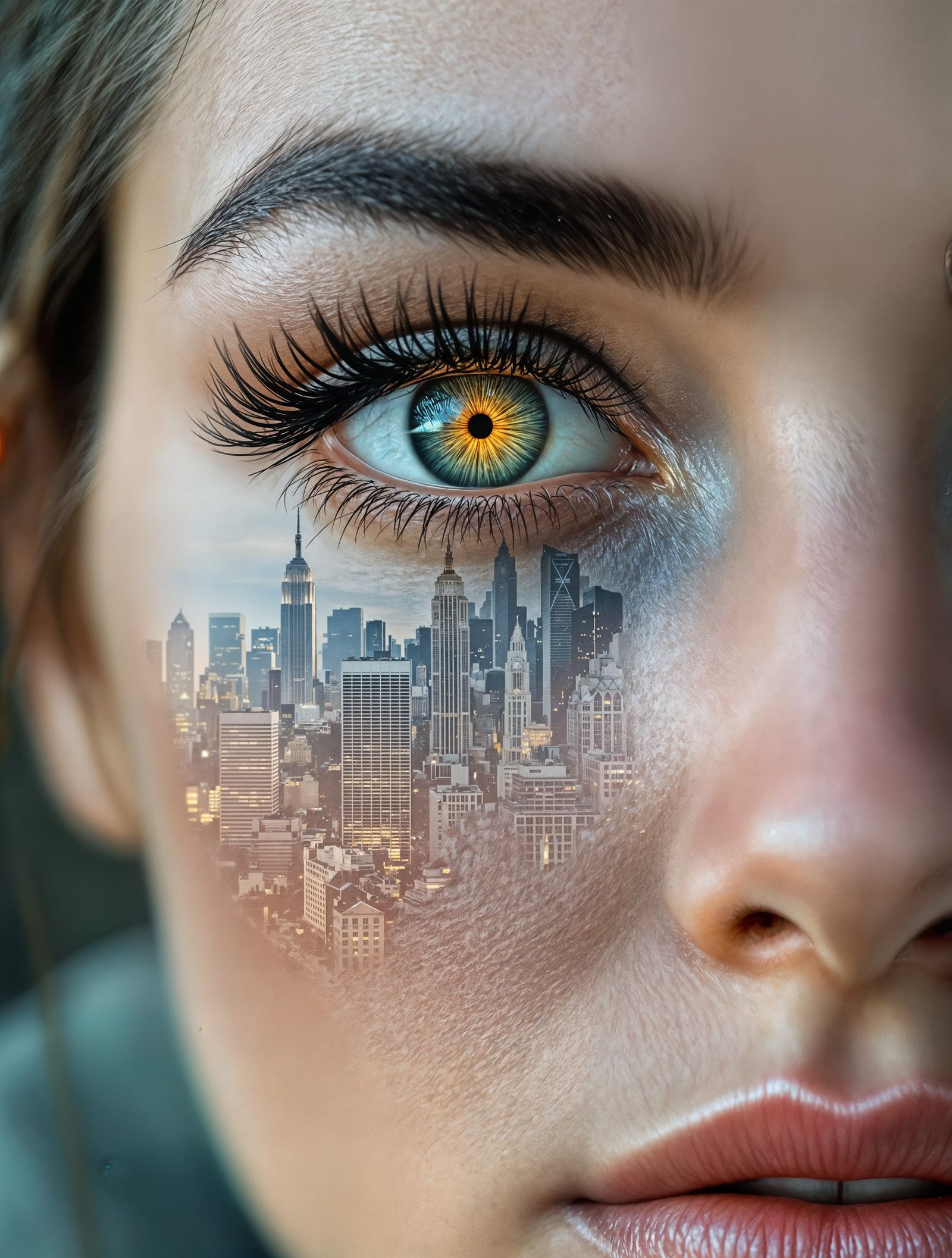 Surreal Cityscape Portrait with Glowing Orb
