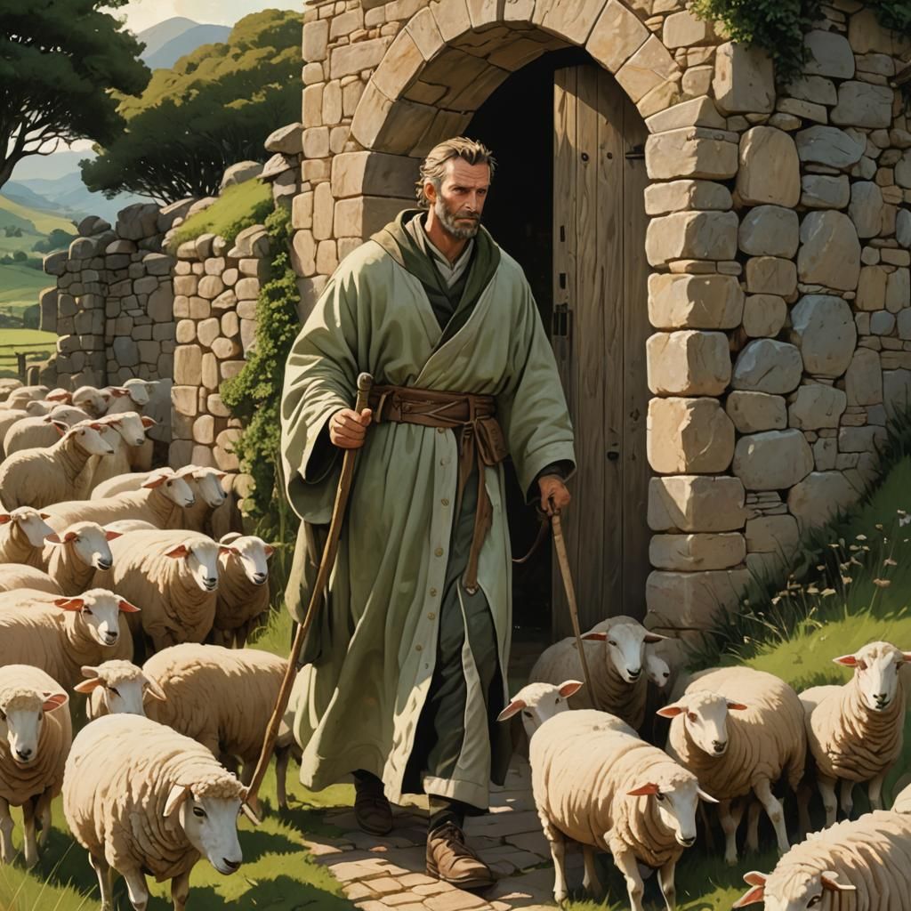 Shepherd and Flock at Dawn: Hyperrealistic Concept Art