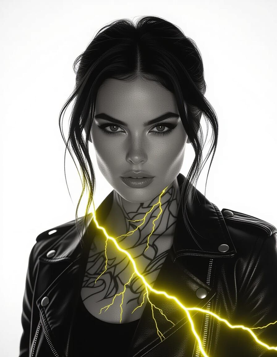 Woman with Lightning Tattoos in Noir Style