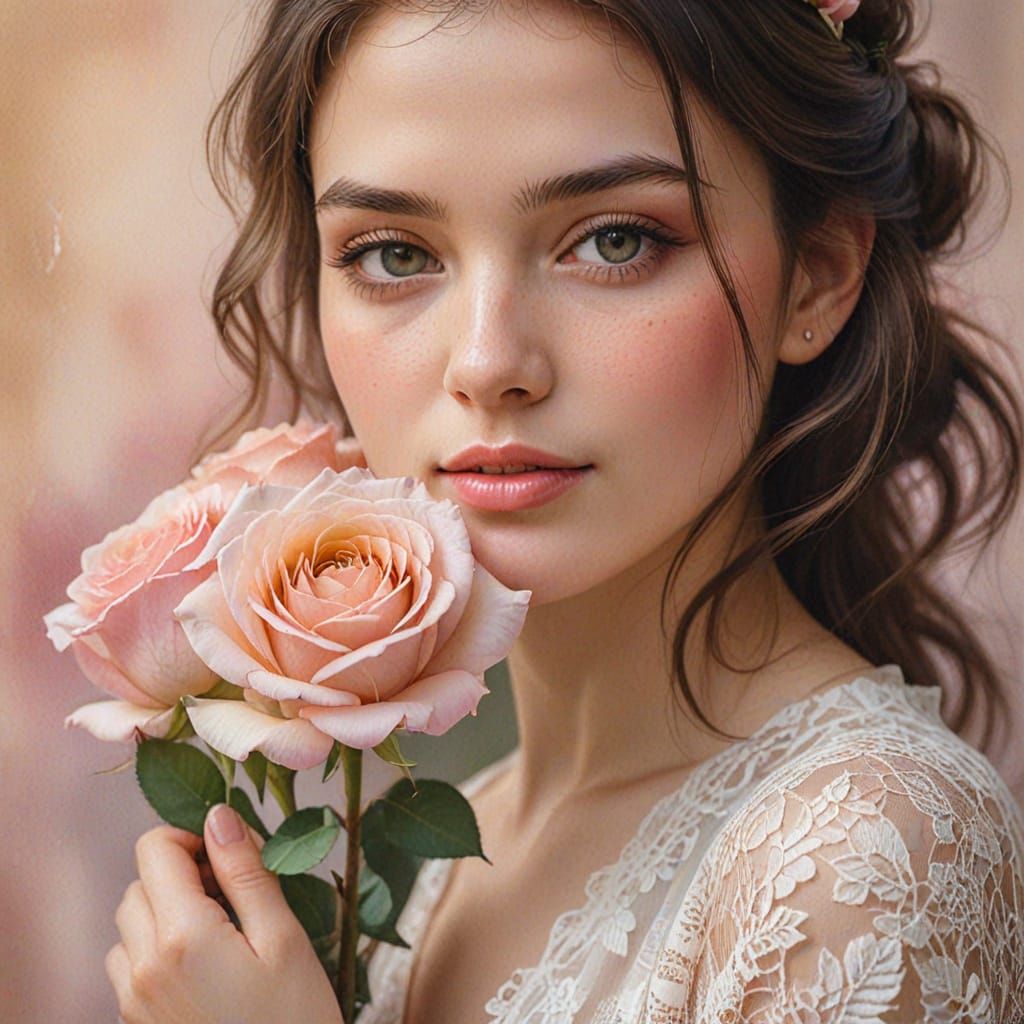 Watercolor Portrait of a Woman Holding Roses