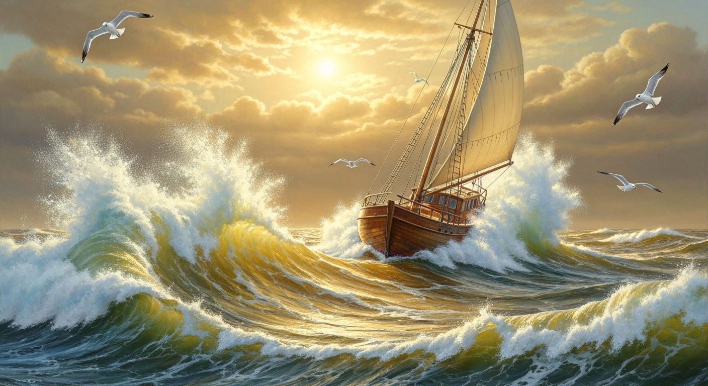 Golden Sailboat Navigates Turbulent Ocean in Hyperrealism