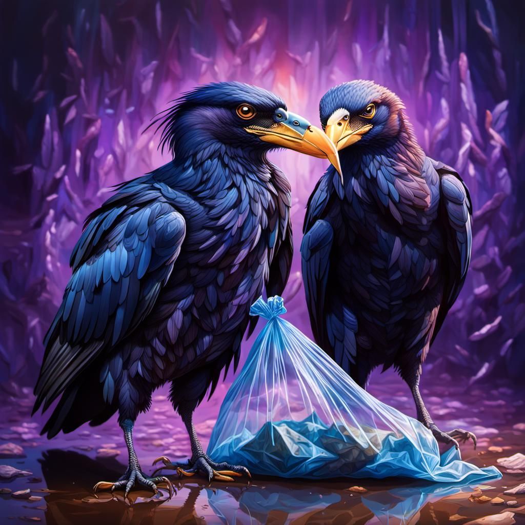 Hyperrealistic Rooks Disassembling Plastic Bag, Photorealist...