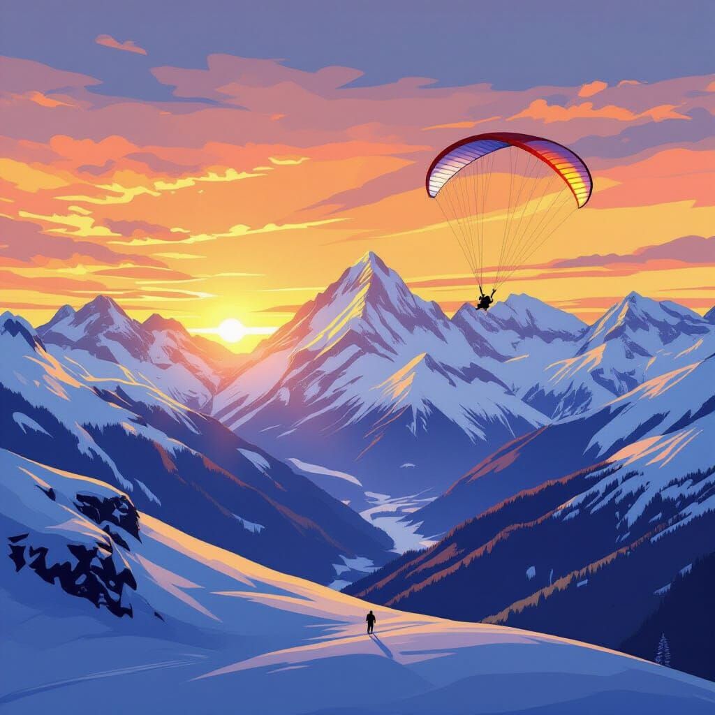 Swiss Mountain Sunset with Paraglider in Travel Poster Style