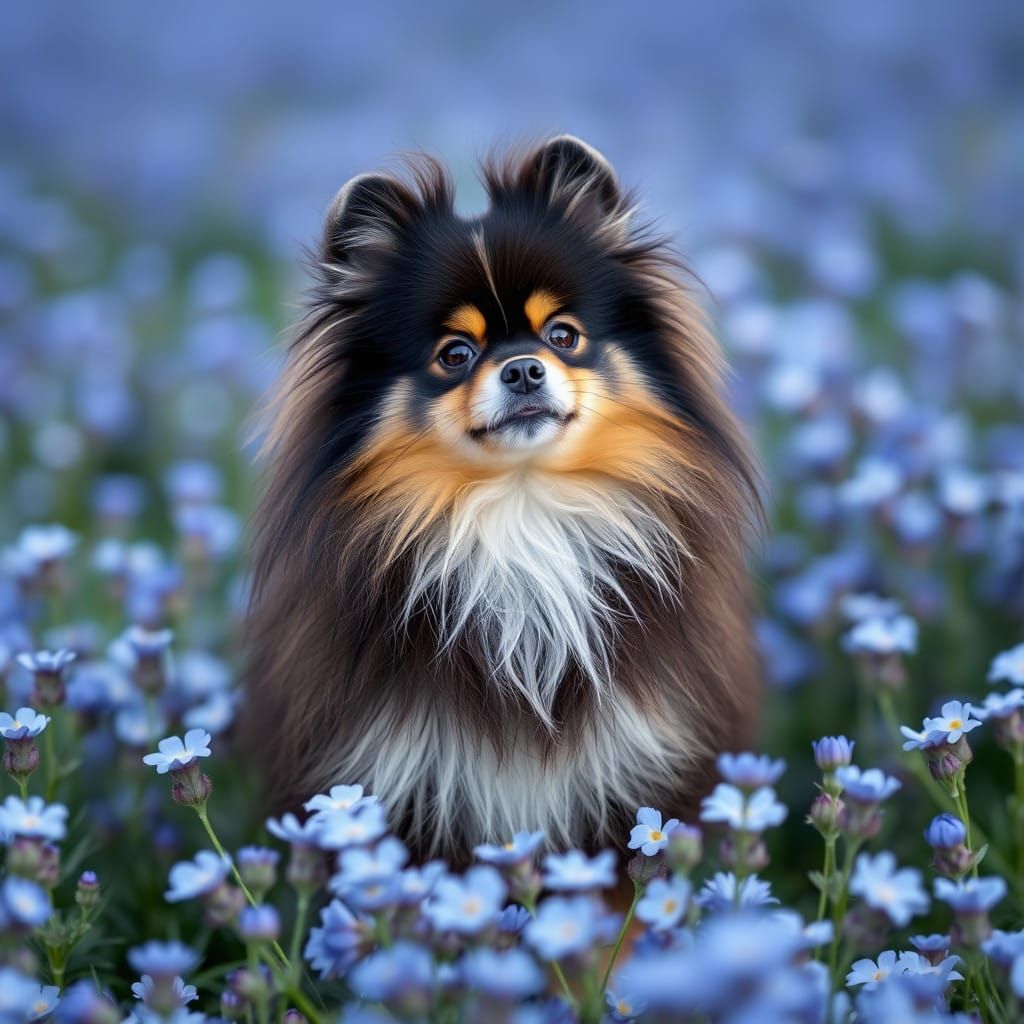 Pomeranian in a Field of Blue Flowers