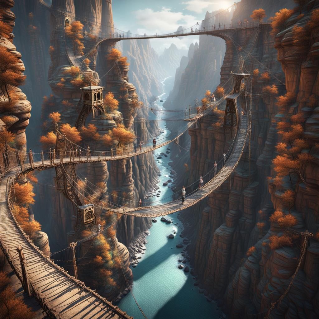 Chalk Art Rope Bridge Across Canyon