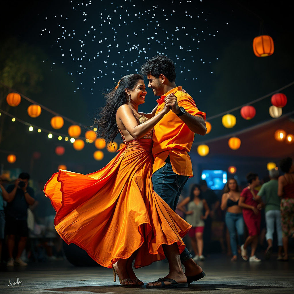 Brazilian Couple Dancing Lambada Under Starry Sky