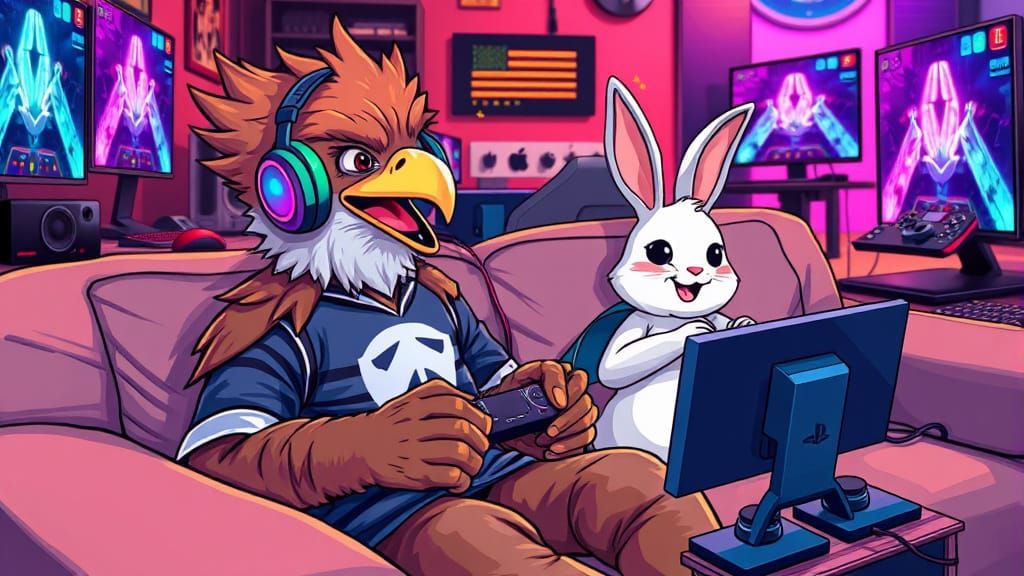Eagle Plays PlayStation with Rabbit in Whimsical Gaming Scen...