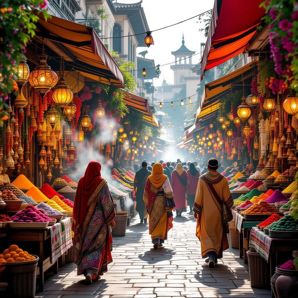 Vibrant Spicebloom Market with Glowing Spices