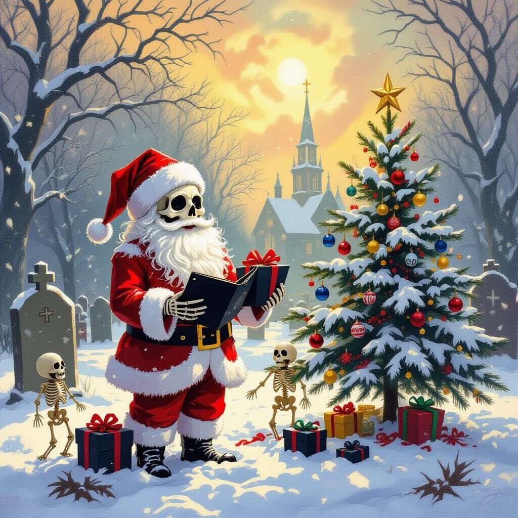 Haunted Skeleton Santa in Snow-Filled Churchyard