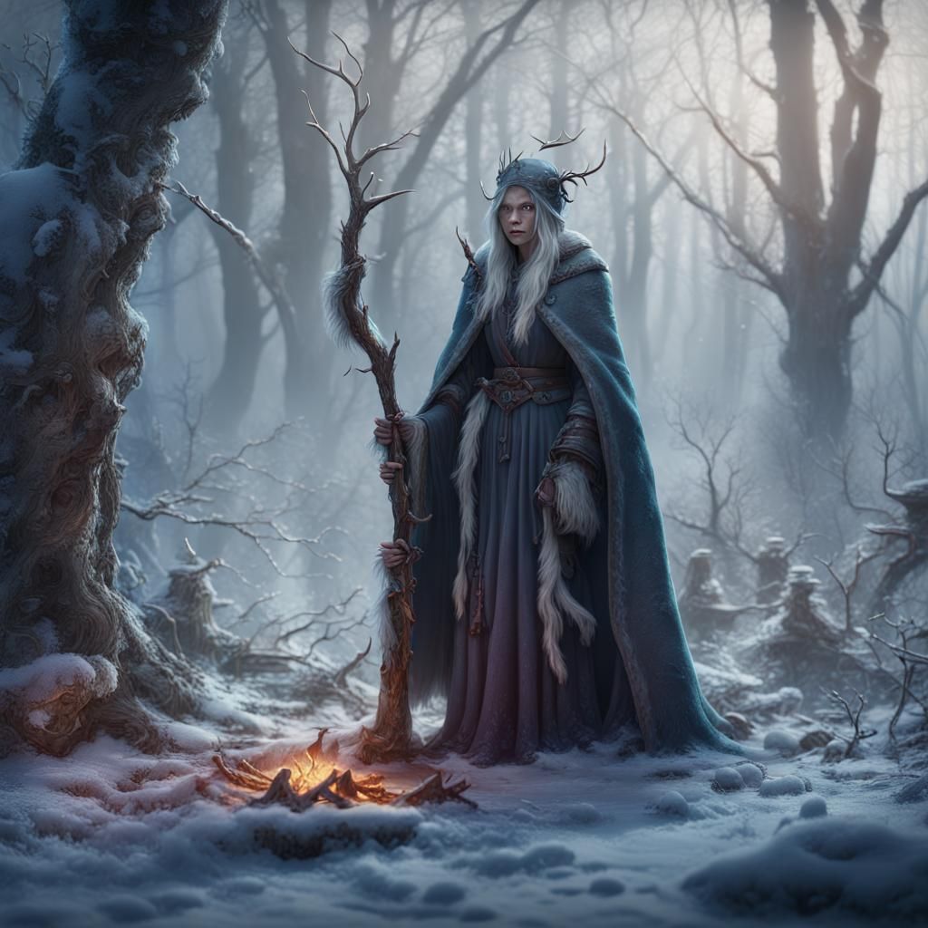 callieach winter hag gathering sticks in a frosty woodland