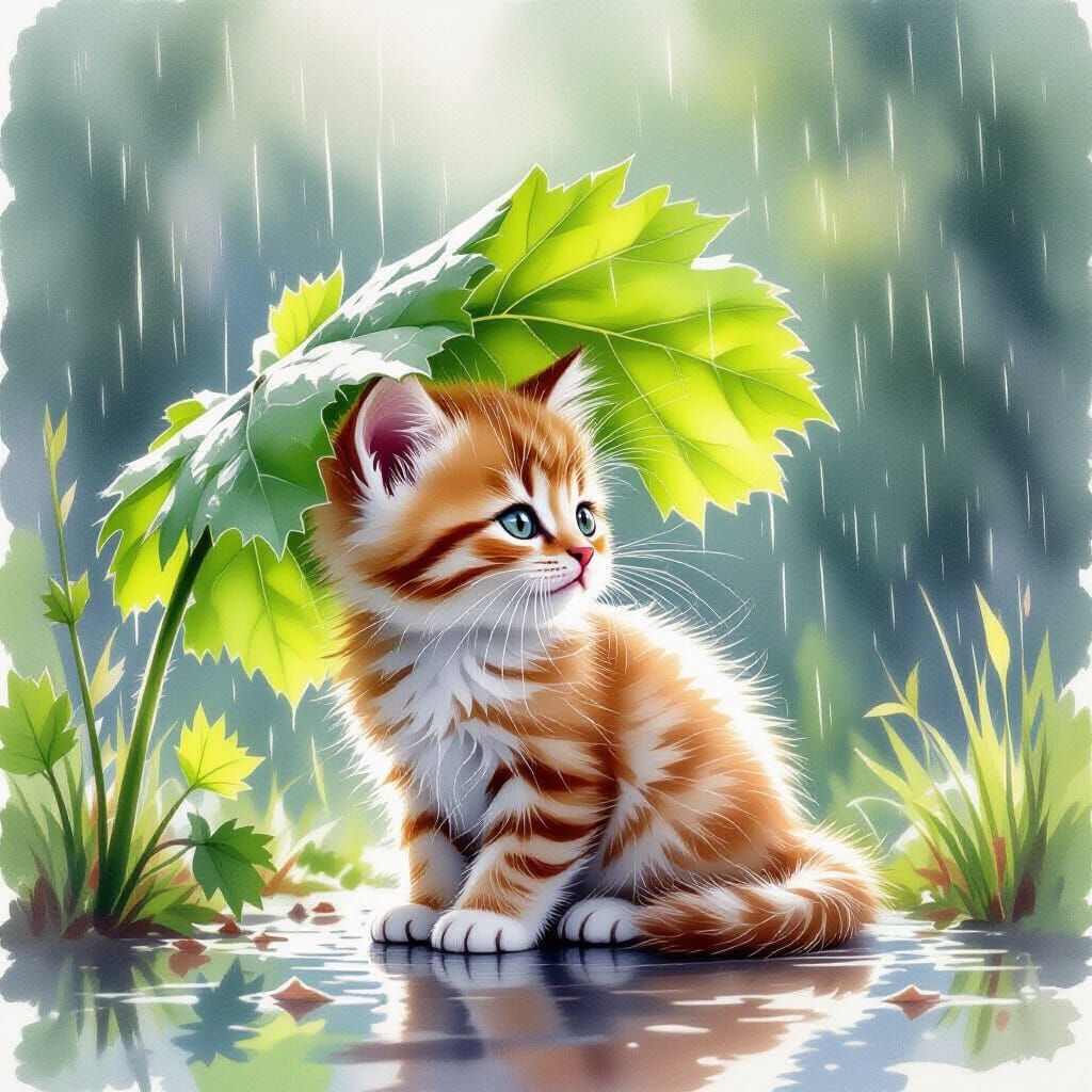 Fluffy Kitten Hiding from Rain: Watercolor Airbrush