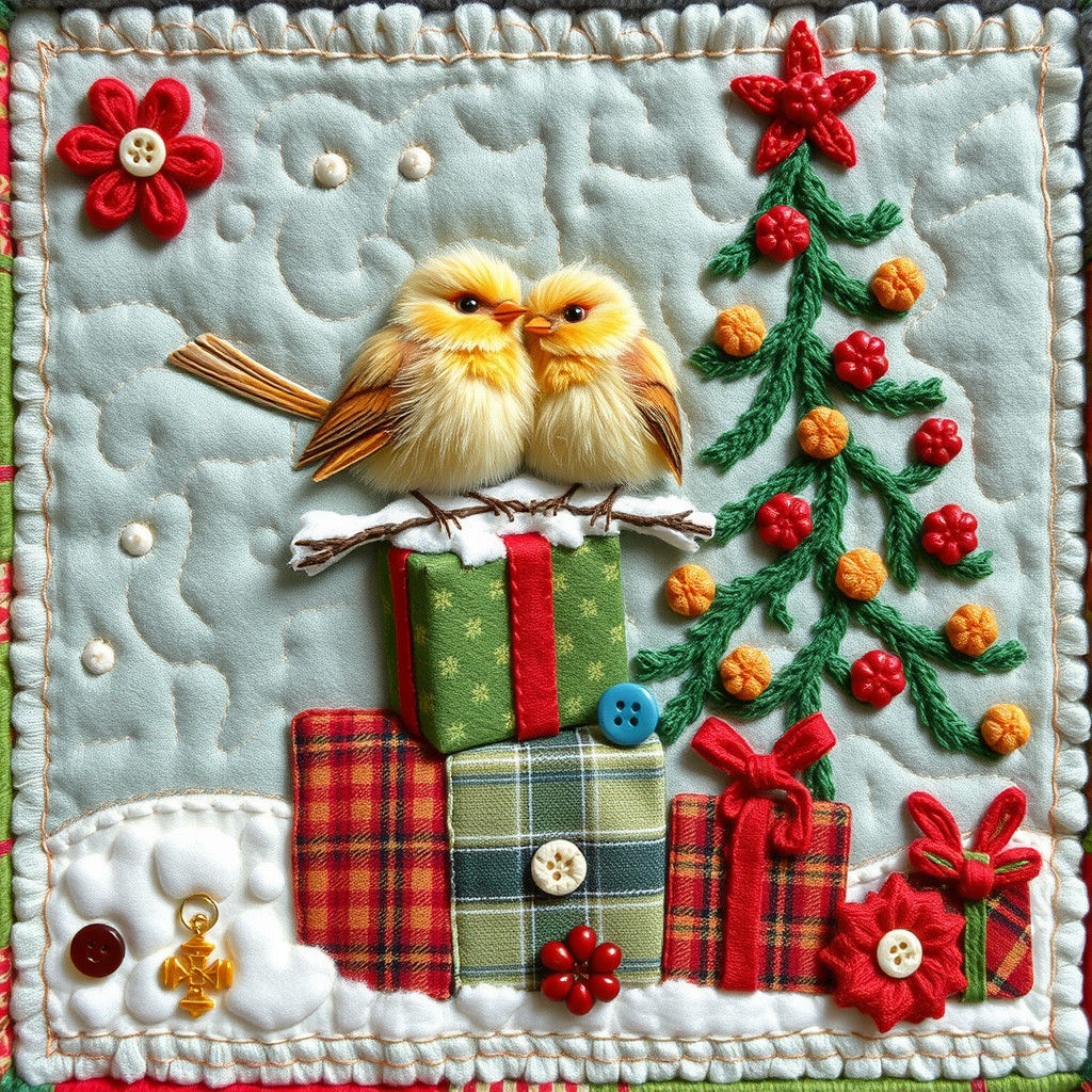 Festive Christmas Birds Quilt in Mixed Media