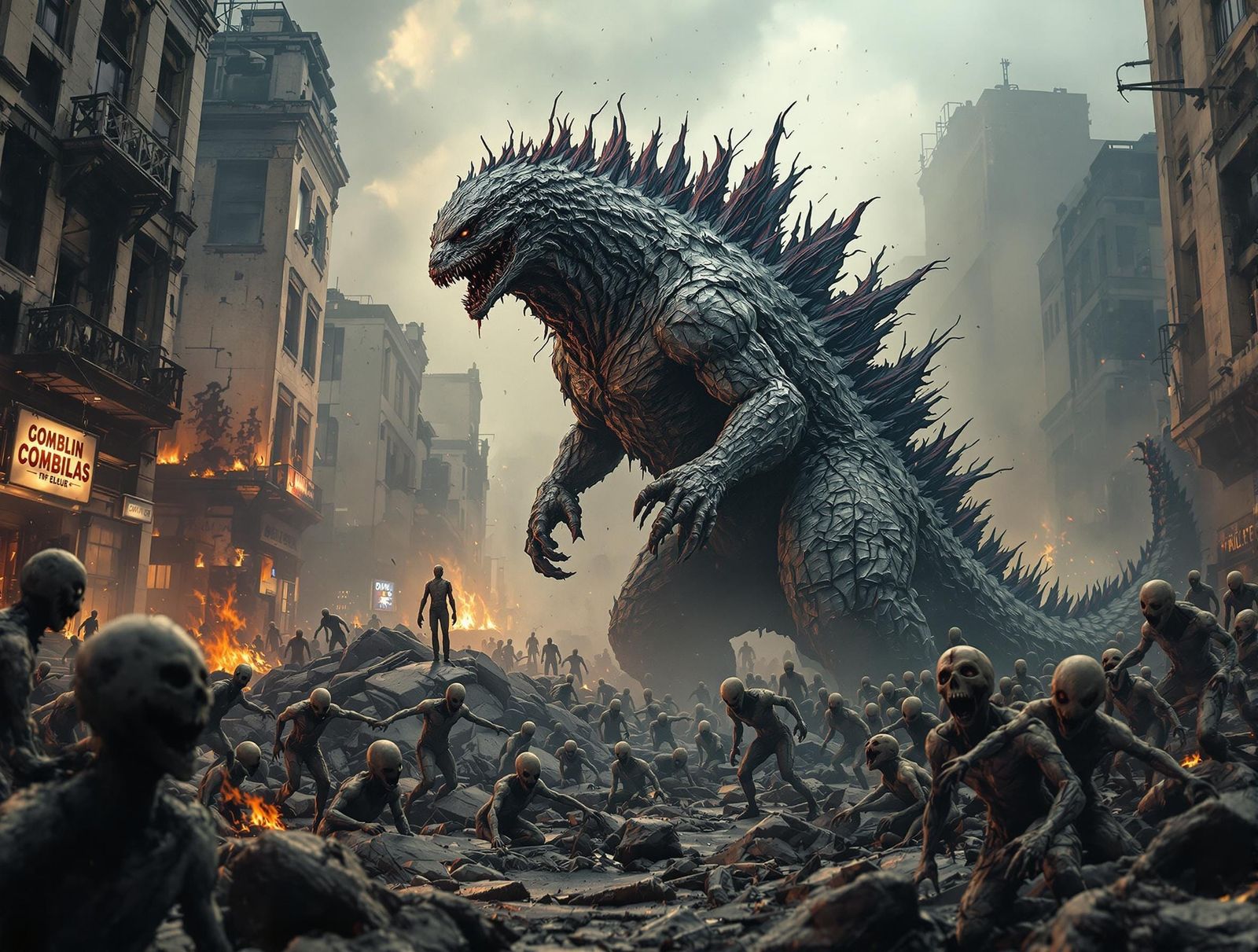 Zombie Godzilla in Destroyed City: Hyperrealistic Horror