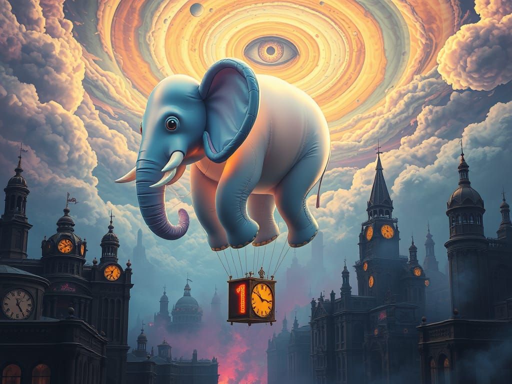 Surreal Elephant Balloon Floats Through Molten City