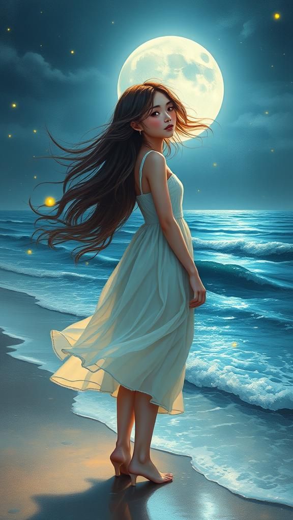 Moonlit Shore Contemplation: A Surreal Fantasy