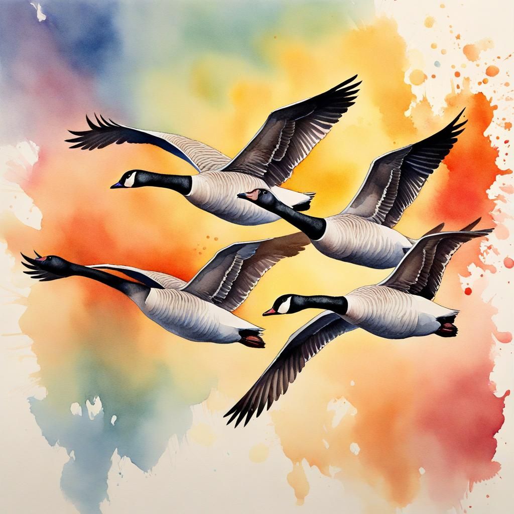 Geese Fly in V Formation: Watercolour Splash Art