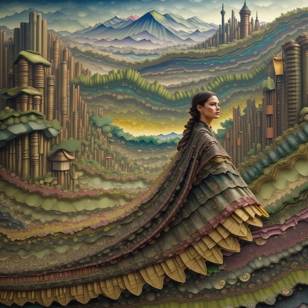 Elegant Woman in Village, Art Nouveau & Realism Style