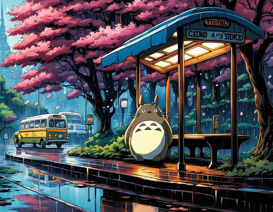 Totoro at Rainy Bus Stop in Manga Style