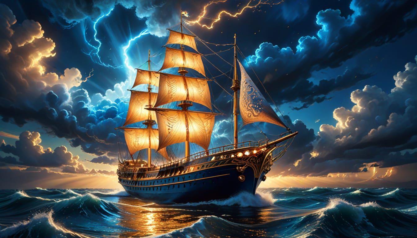 Majestic Ship Echoes in Electric Storm, Pointillism Masterpi...