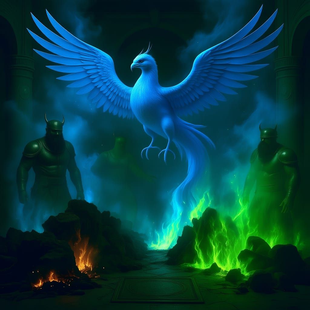 Fiery Phoenix Battle with Jeweled Creatures