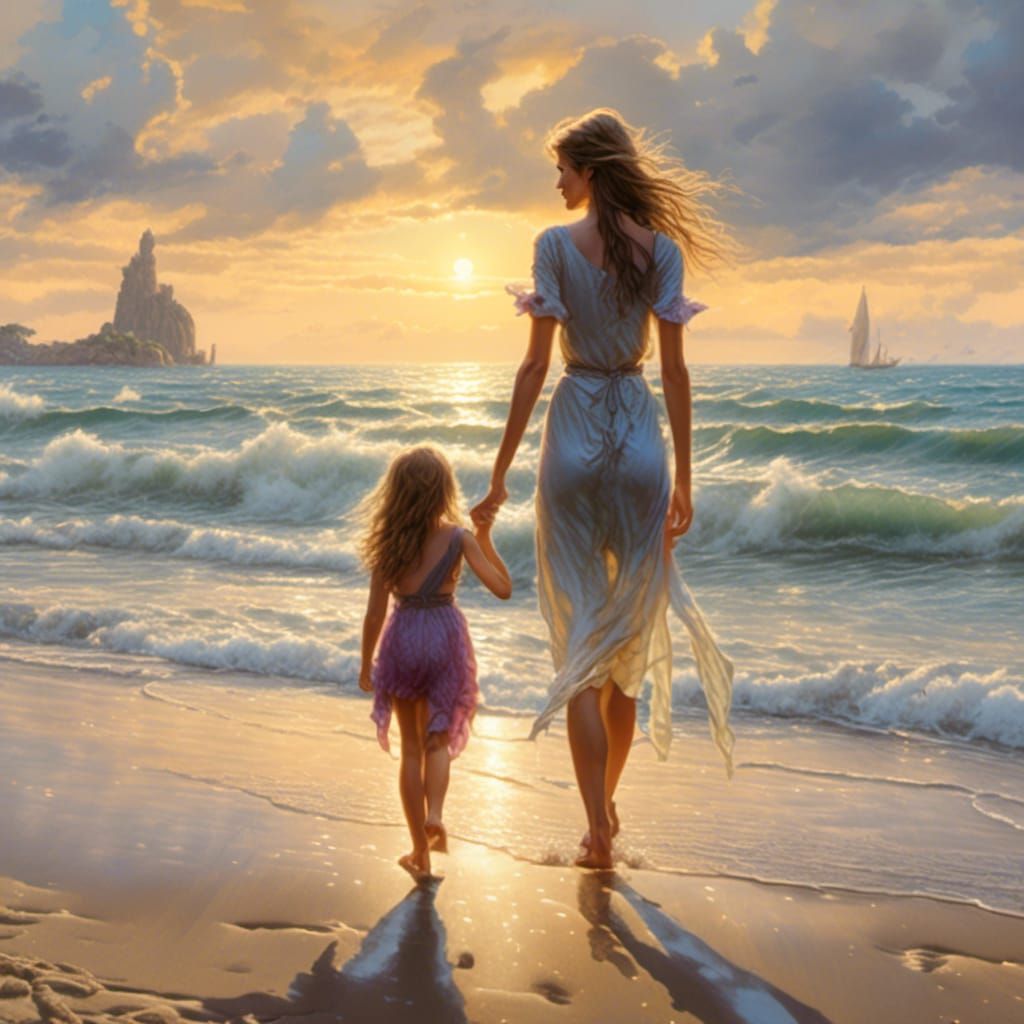Mother and Daughter on Beach in Watercolor Style