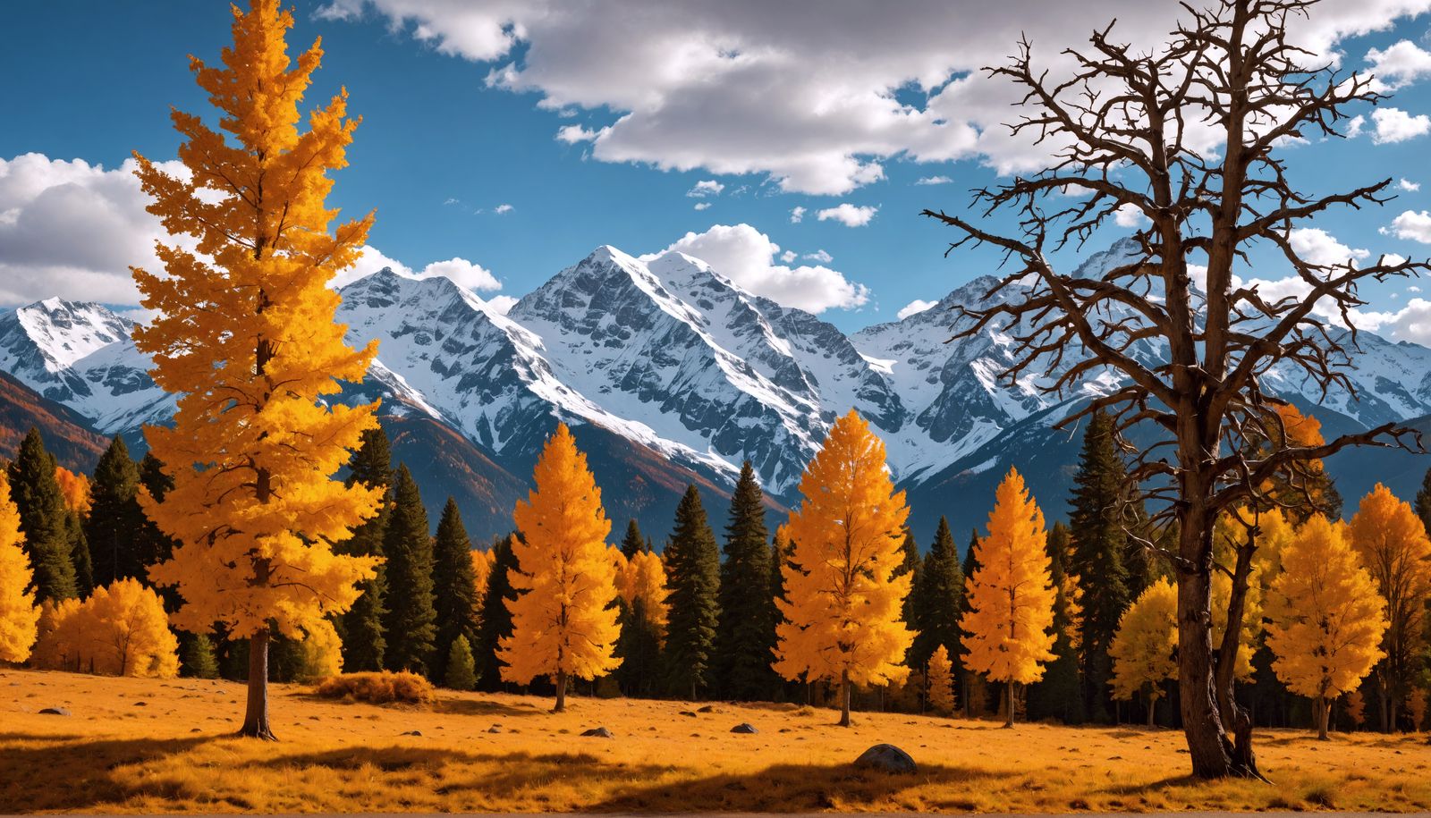 Autumn Scene with Snowcap Mountains, Hyperrealistic Style