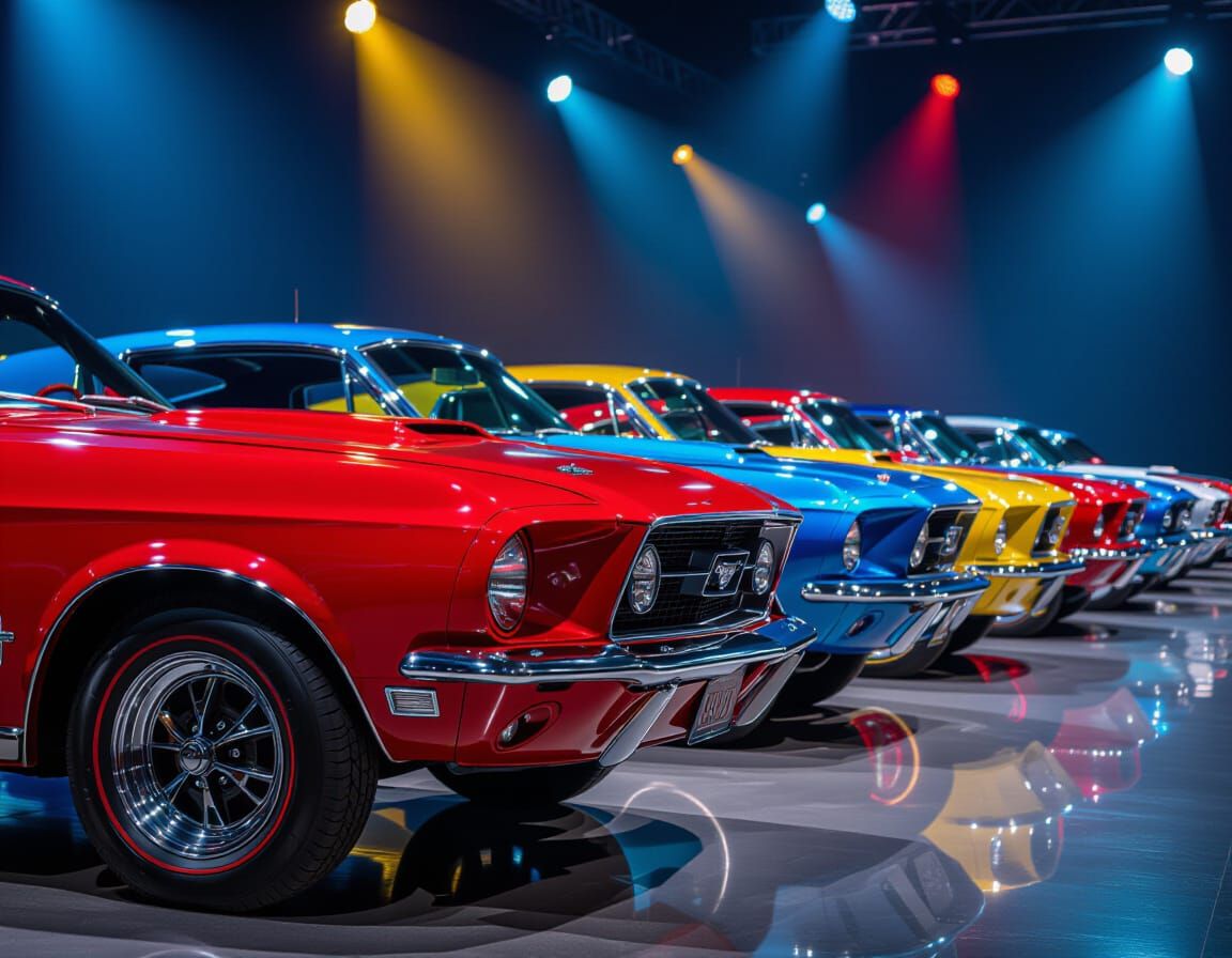 An ultra-HD of a lineup of iconic 1960s muscle cars gleaming...