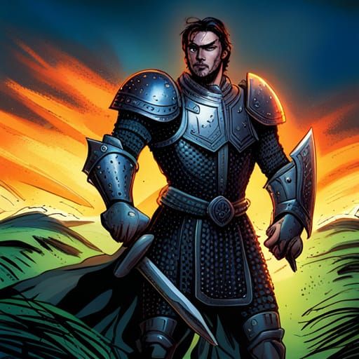 Gothic Knight with Battle-Axe in Green Field