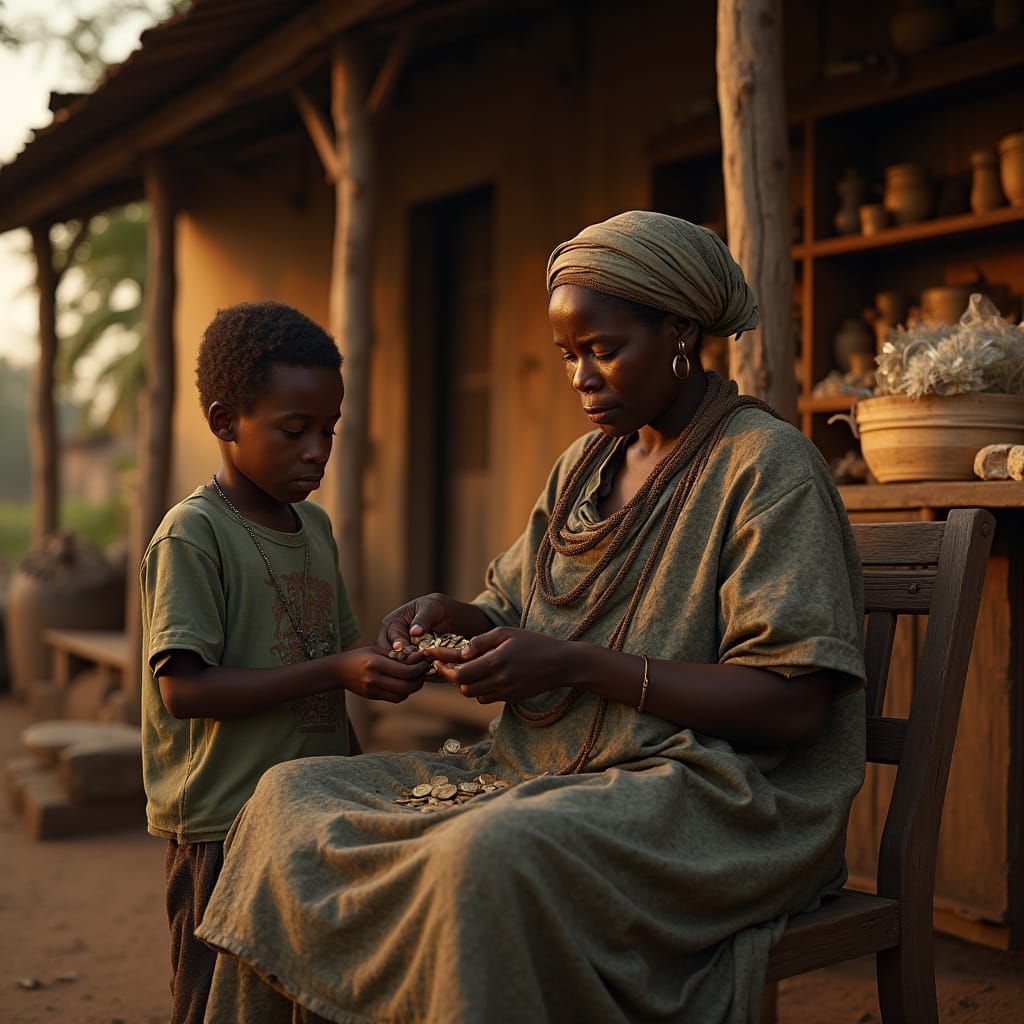 Nigerian Widow and Son Count Change in Village Shop
