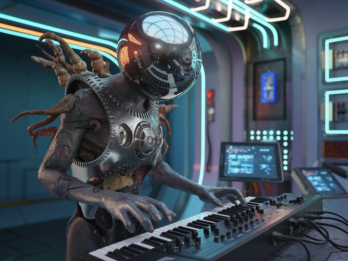 Dieselpunk Lovecraftian Hybrid Plays Synthesizer on Space St...