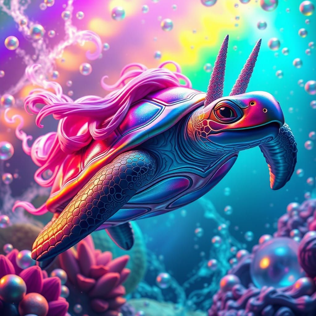 Iridescent Unicorn Sea Turtle in Dreamy 3D Render
