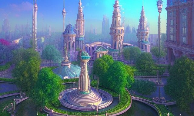 Whimsical Fantasy City in Art Nouveau Rococo Style