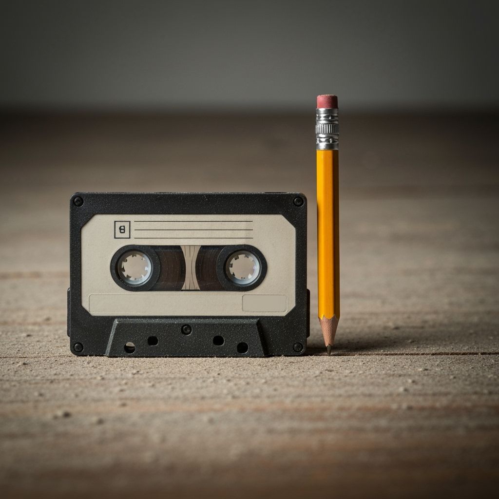 Retro Cassette Tape and Pencil on Wooden Table