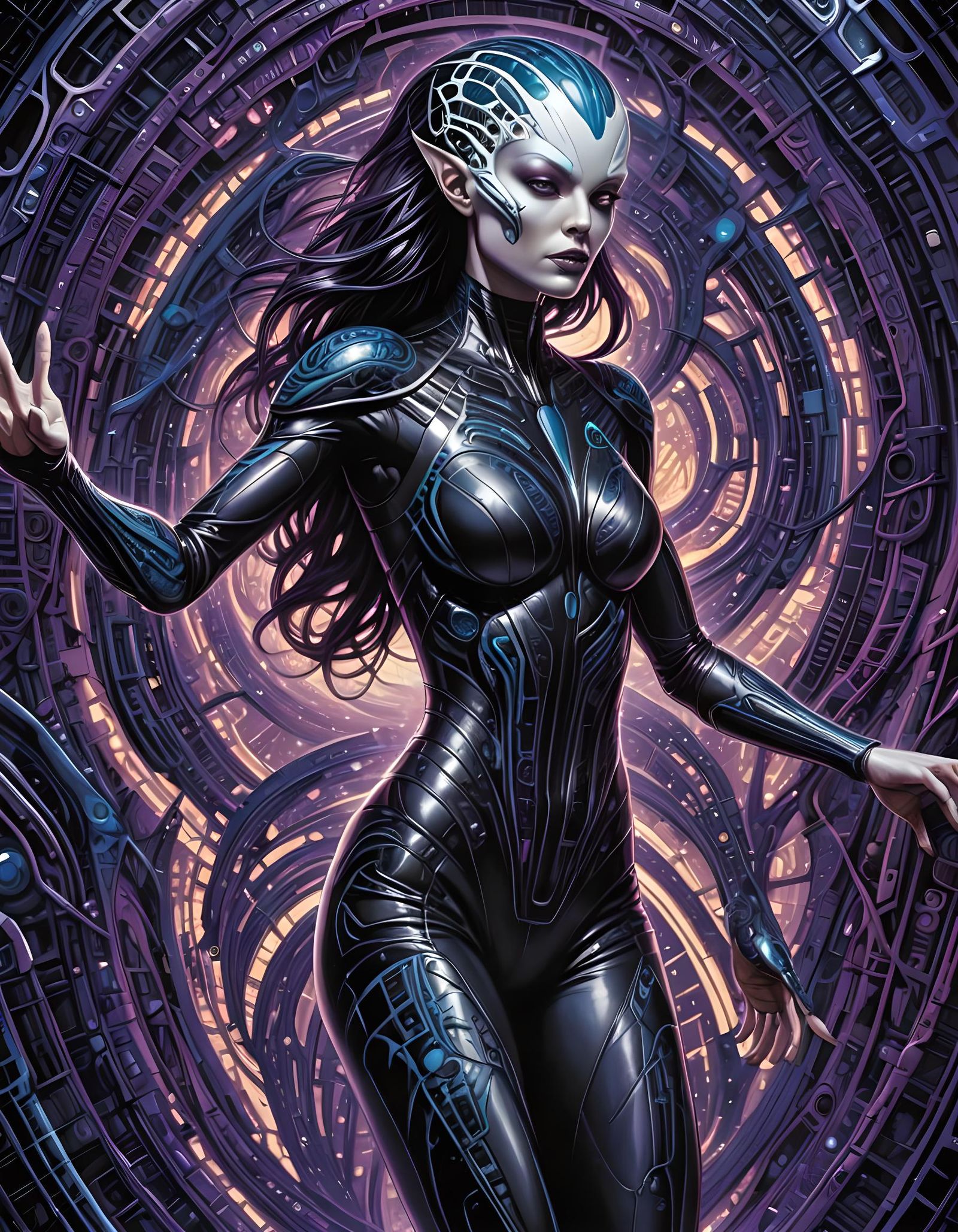 White skinned Alien girl, leather tight body suit, making ge...