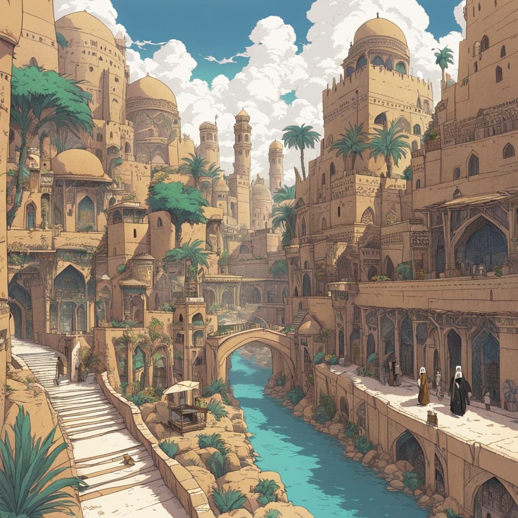 Anime illustration of a fantasy medieval Arabian city oasis with Islamic, Persian, and Babylonian architecture fantastic...