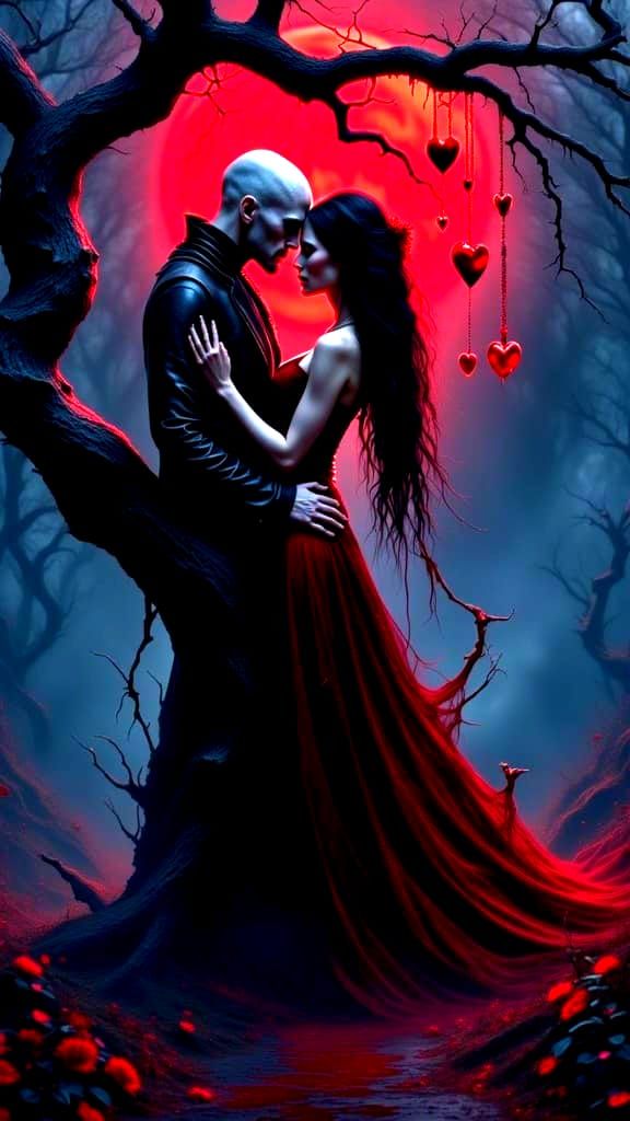 Dark Valentine Encounter beneath a Twisted Black Tree