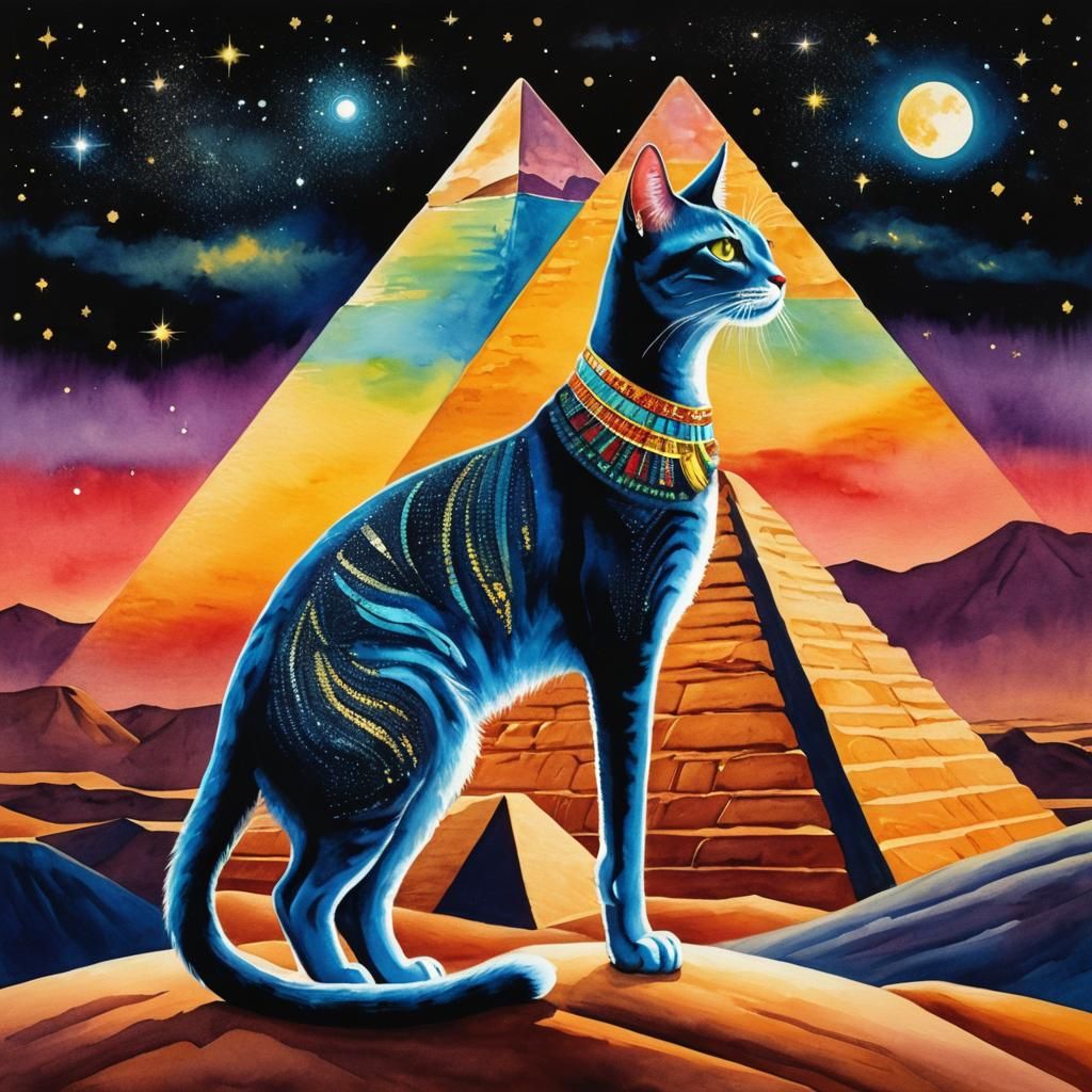 Egyptian Cat in Desert Under Cosmic Sky
