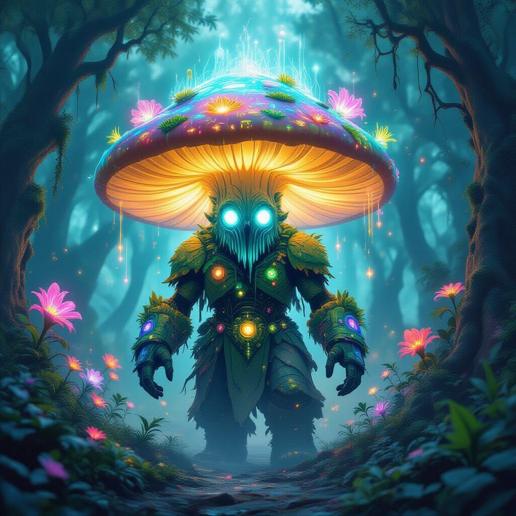 Bioluminescent Mushroom Golem in Psychedelic Forest