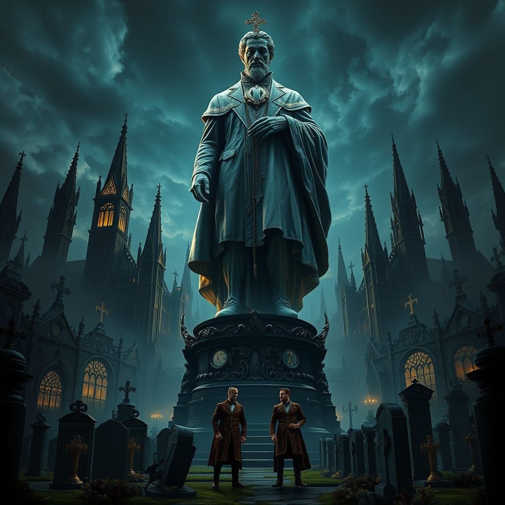 Gothic Statue Guardians in a Haunted Midnight Graveyard