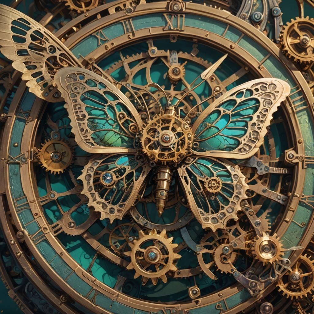 Steampunk Clock with Wings Fantasy Illustration