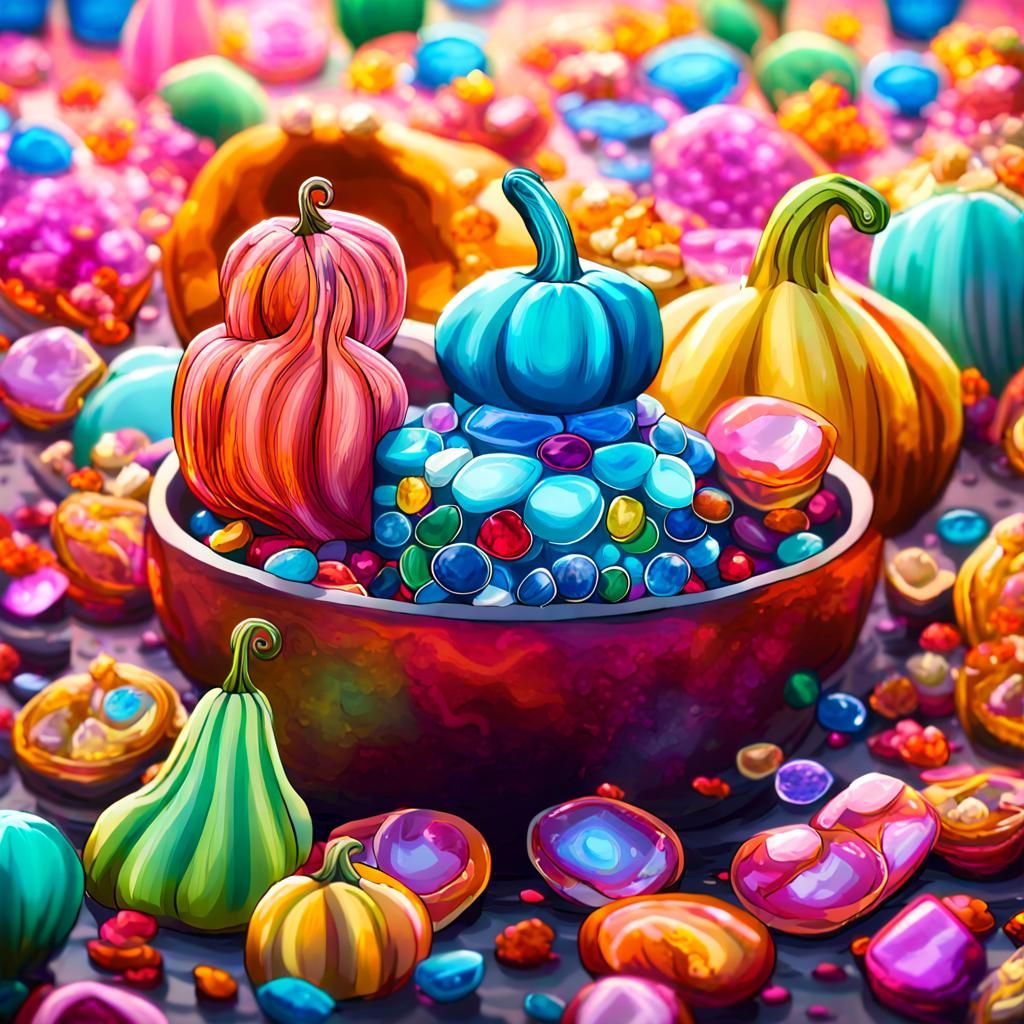 Fantasy Gourds with Gem Crusts in Candy Art Style