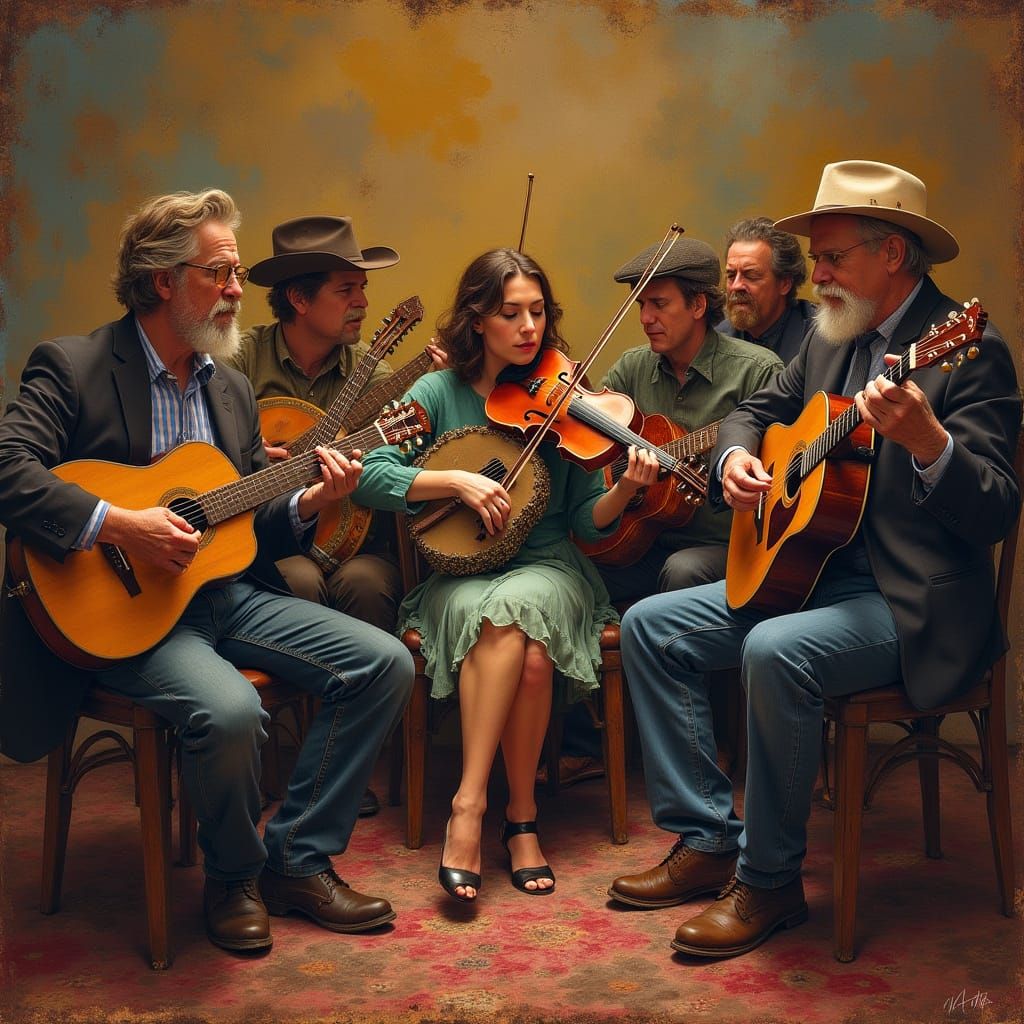 Bluegrass Jam Session in Vibrant Folk Art Style